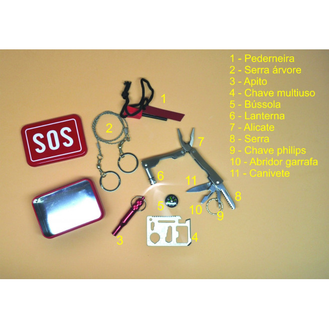 Kit Sobrevivência SOS - Alicate, Lanterna, Pederneira