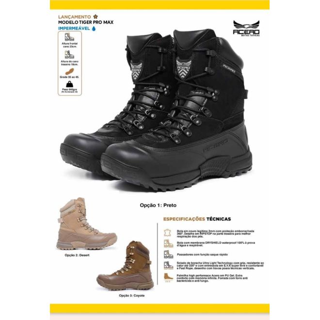 Bota Militar Acero Couro Nobuck Brilhante Tiger Pró Impermeavel - Preto