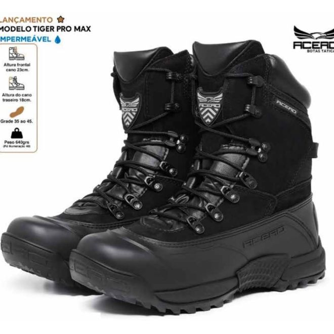 Bota Militar Acero Couro Nobuck Brilhante Tiger Pró Impermeavel - Preto